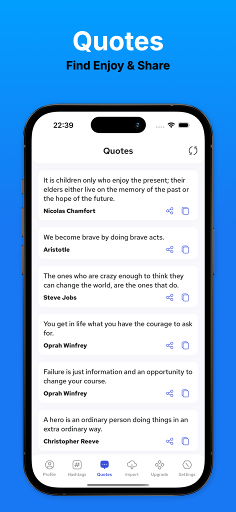 Mobile app interface displaying a list of motivational and inspirational quotes from famous personalities