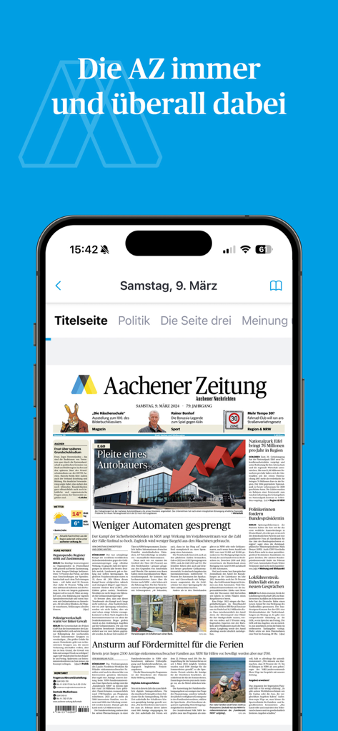 Aachener Zeitung E-Paper App auf einem iPhone-Bildschirm angezeigt, die die digitale Zeitung Titelseite zeigt