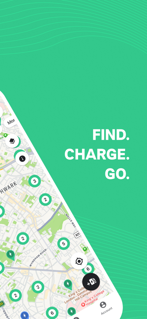 Electromaps: Charging stations - A map showing electric vehicle charging station clusters with the slogan Find Charge Go