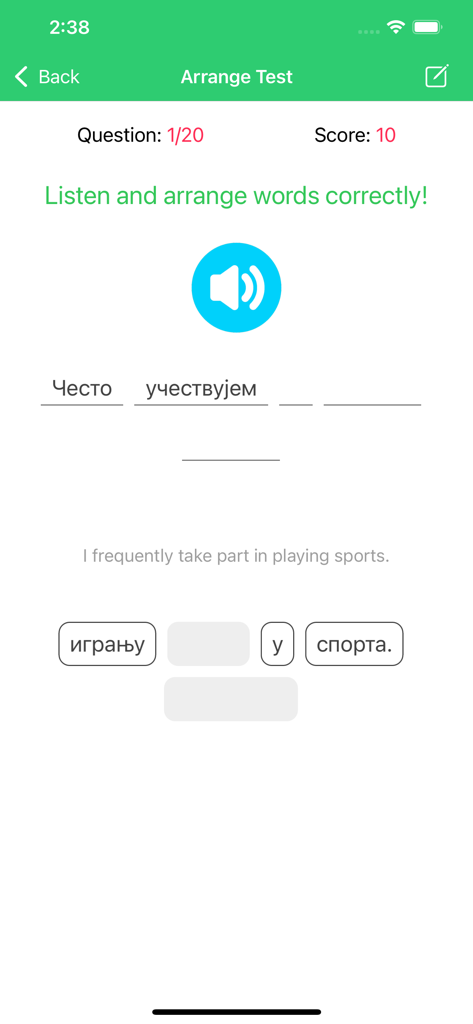 Interface do aplicativo Learn Serbian Premium mostrando um teste interativo de organização de frases para praticar a estrutura da linguagem