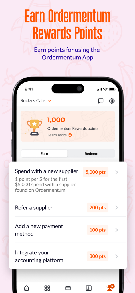 Ordermentum app screen showing rewards points and ways to earn them through business actions