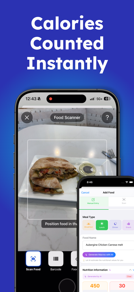 Dose AI - GLP1 Tracker - Dose AI app food scanner interface showing instant calorie counting and macro analysis from a meal photo