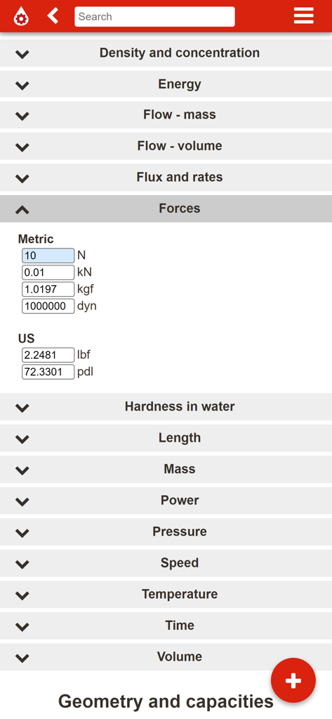 Outil de conversion d'unités de force dans Plutocalc+ Water affichant les mesures métriques et américaines.