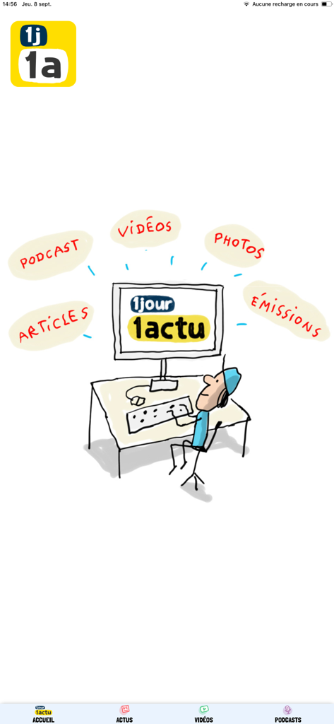 1jour1actu - Cartoon illustration of a child at a computer on the 1jour1actu app home screen with bubbles for news articles videos and podcasts