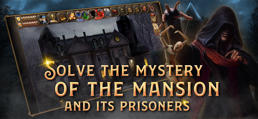 Una misteriosa mansión victoriana y una figura encapuchada sosteniendo una marioneta en Panic Room House of Secrets