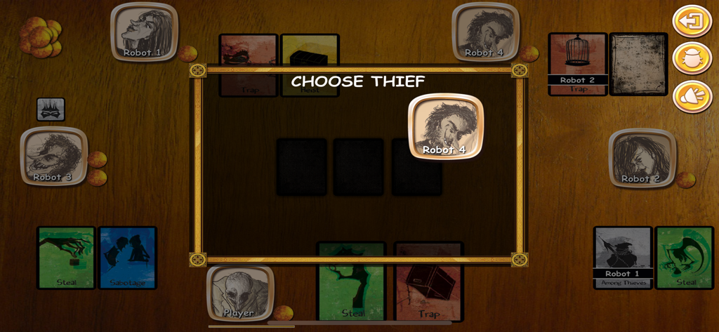 Among Thieves - In-game screenshot of Among Thieves showing a digital card game table where the player must choose a thief to target among several AI opponents.