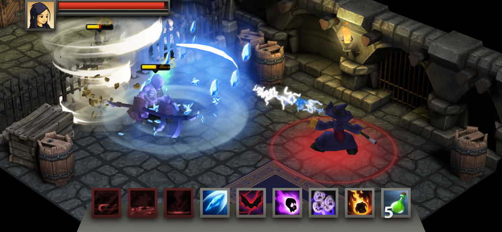 A wizard character casts magic spells against a skeleton enemy in a dungeon in Battleheart Legacy