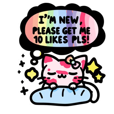 kitty taking a nap dream talking and saying "i'm new, please get me at least 10 likes pls!!"