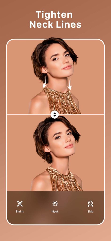 Everlook- Face & Body Editor - Interface de l'application Everlook montrant le resserrement des lignes du cou avant et après sur une femme