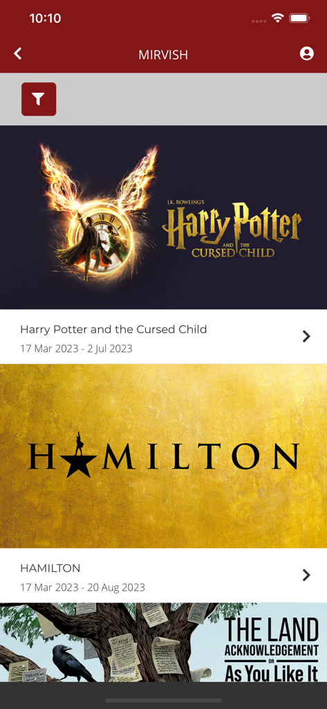 Mirvish Productionsアプリのインターフェースに、ハリー・ポッターと呪われた子供やハミルトンなどの演劇公演リストが表示される