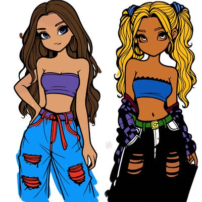 2 girls in crop tops and baggy jeans ripped