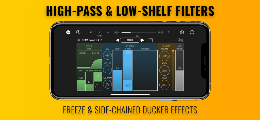 BLEASS Reverb app interface on a smartphone showing filter and ducker effect settings