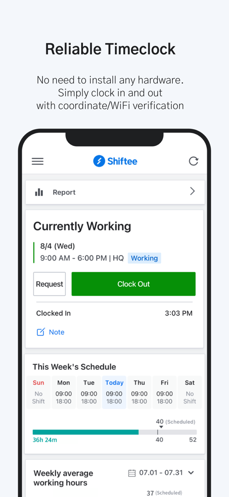 Shiftee mobile app showing a digital timeclock with a clock out button and an employee weekly work schedule