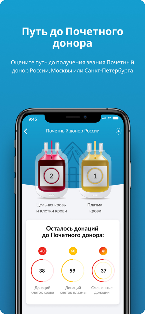 Mobile app screen showing blood donation progress and status towards becoming an honorary donor