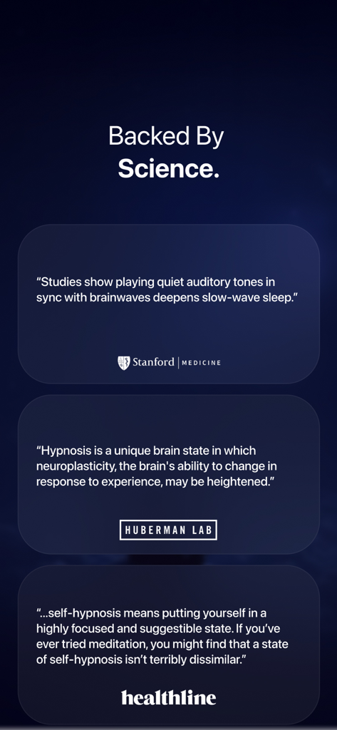 Skye - Rewire your Mind - A screen showing scientific endorsements from Stanford Medicine Huberman Lab and Healthline for the Skye manifestation app