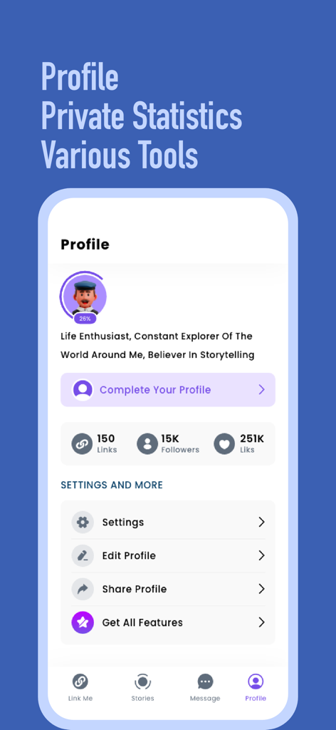 Link-Me - Chat & Messaging - Link-Me app profile screen showing user statistics bio and settings menu