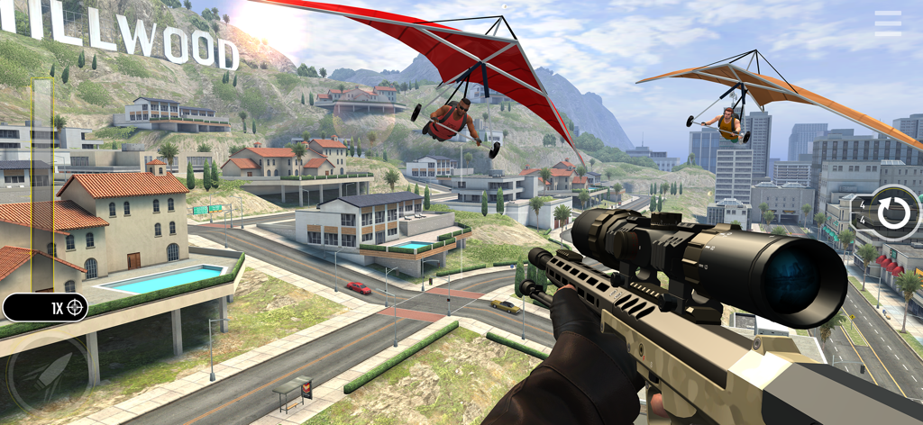 Pure Sniper: Gun Shooter Games - Vista de sniper em primeira pessoa mirando em alvos em asa-delta sobre uma cidade em uma encosta
