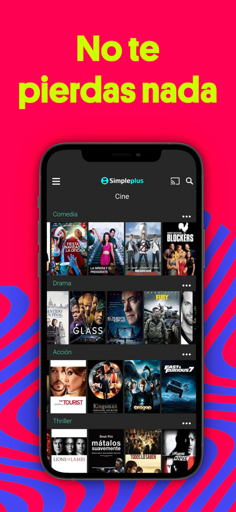 Simpleplus - Simpleplus mobile app movie catalog interface with genres like comedy and drama