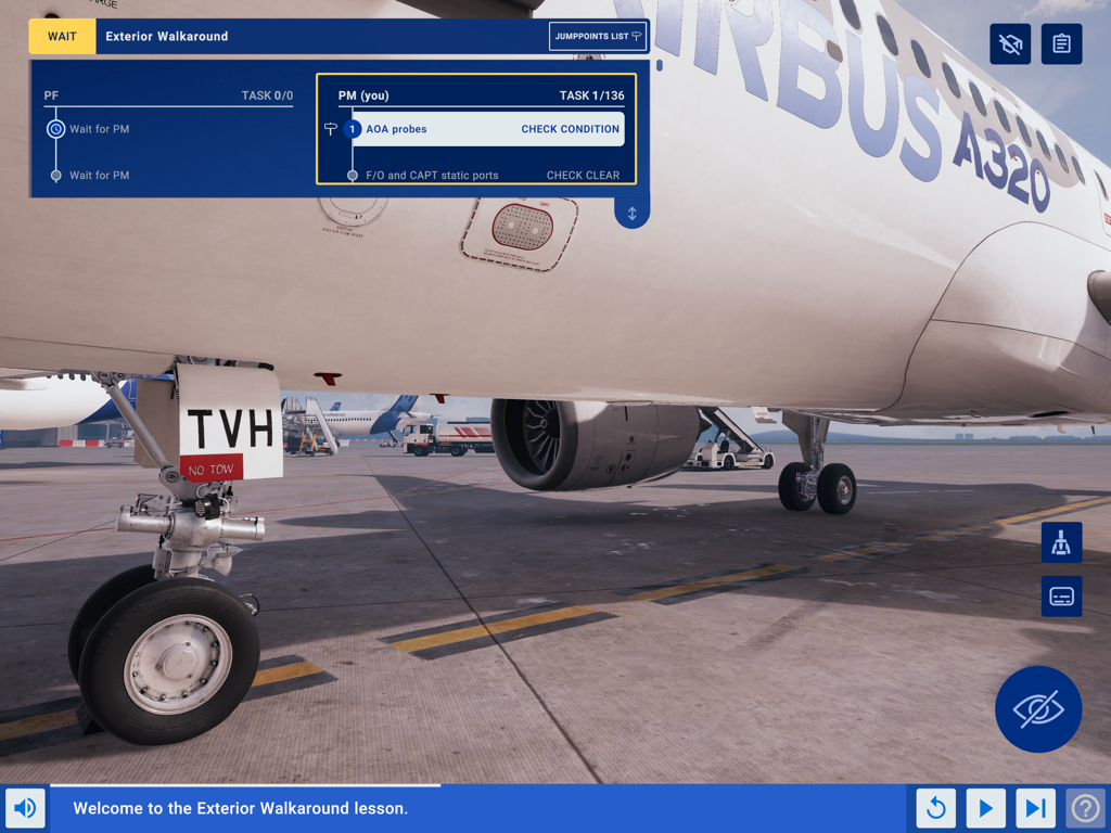 Lección de paseo exterior en la aplicación Entrenador de Procedimientos Virtuales de Airbus para pilotos de A320