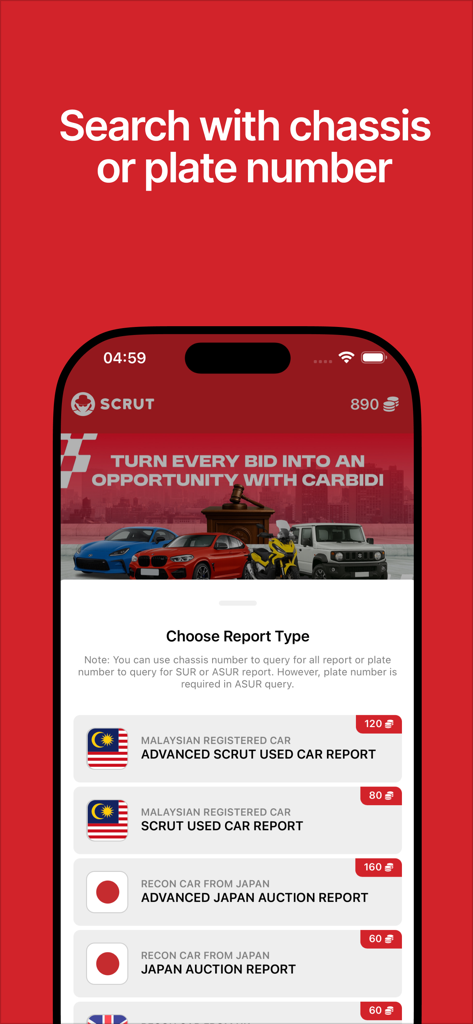 SCRUT - Interface of the SCRUT app displaying options for Malaysian used car reports and Japan auction reports.