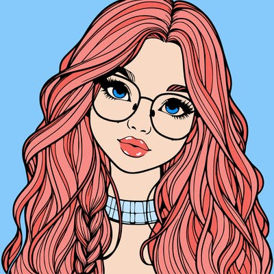 girl with long hair and freckles and glasses realistic