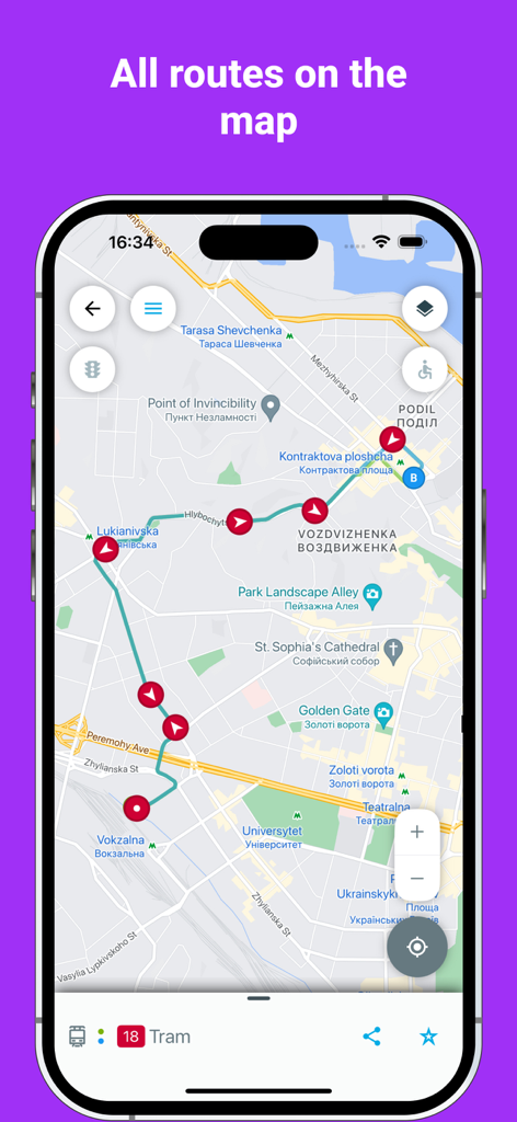 Eway app displaying public transport routes on a city map
