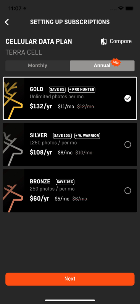 HuntSmart: Trail Cam App - HuntSmart app subscription screen displaying annual cellular data plans for trail cameras