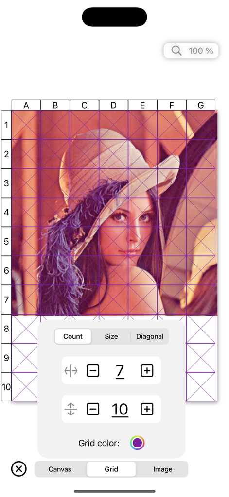 Drawing Grid - Drawing Grid app interface displaying a portrait with a purple grid overlay and customizable grid count settings.