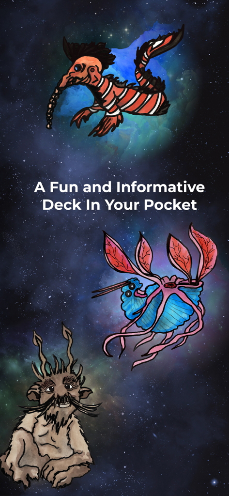 Three colorful hand drawn aether creature illustrations on a starry space background.