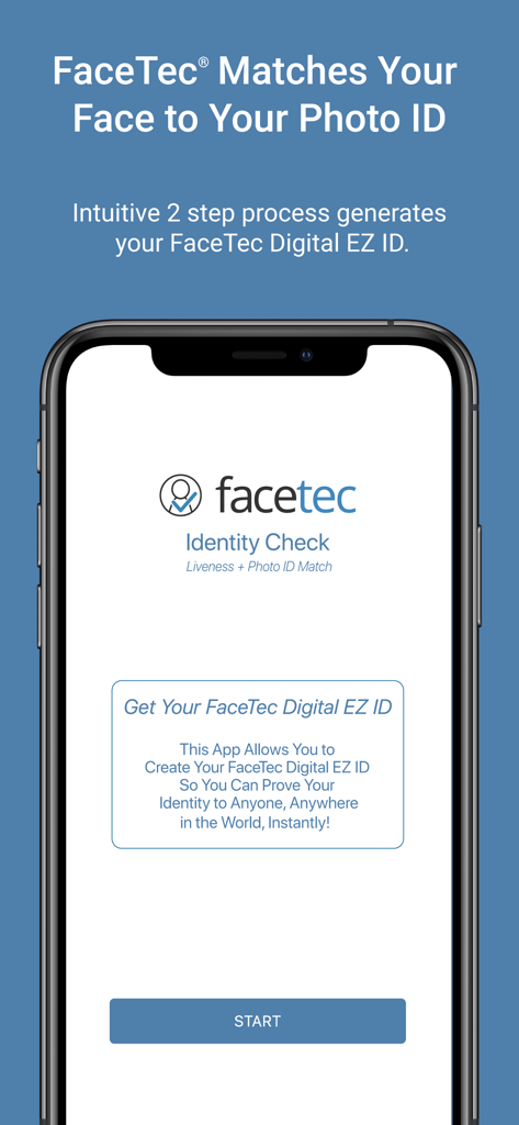 FaceTec ID Check app screen showing identity verification instructions and a start button