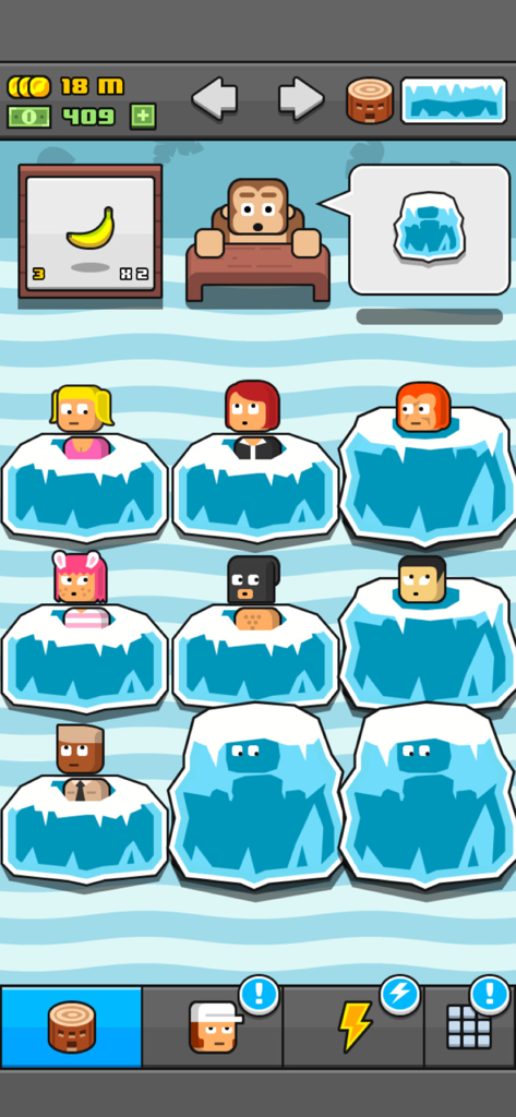 Make More! - Gameplay of Make More! showing a monkey boss and workers in ice blocks inside a factory.