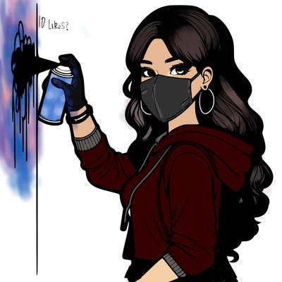 realistic girl with mask spray painting a wall