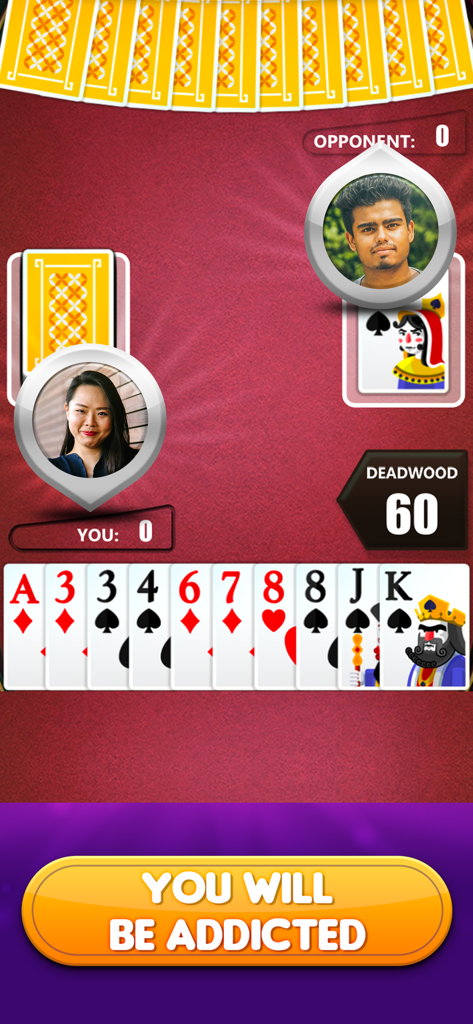 Gin Rummy * The Best Card Game - Jugabilidad móvil de Gin Rummy mostrando una mano de jugador y avatares de oponentes sobre un fondo rojo