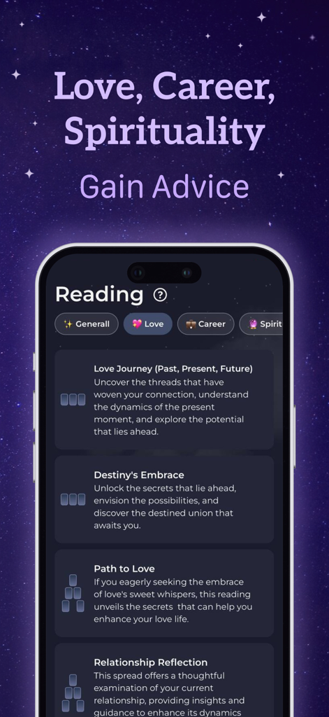 TarotX: Tarot Card Reading - Smartphone screen of TarotX app displaying various tarot reading categories for love career and spirituality on a starry background