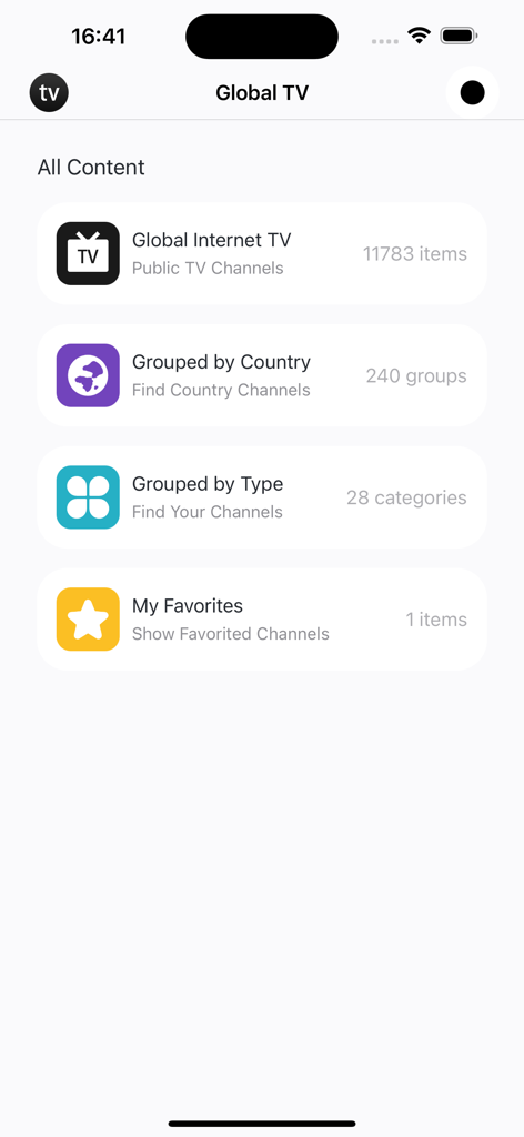 NetTV: Watch Global TV - NetTV app screen showing categories for global channels grouped by country and type