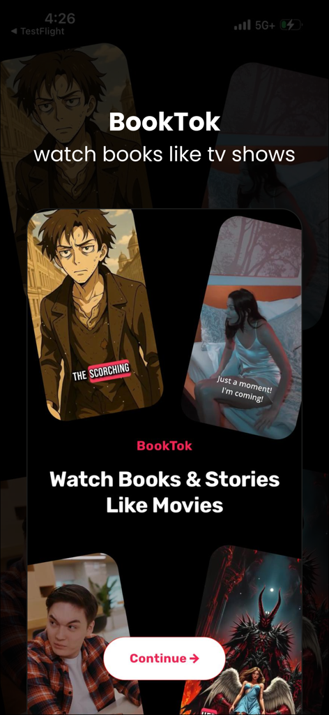 Booktok: Watch Books Explained - Booktok app onboarding screen showing video summaries with the tagline watch books like tv shows