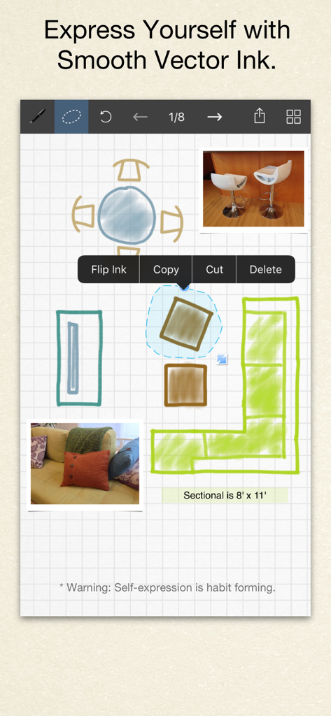 Inkflow Plus Visual Notebook - Hand drawn room layout design in Inkflow Plus showing vector ink and photo integration
