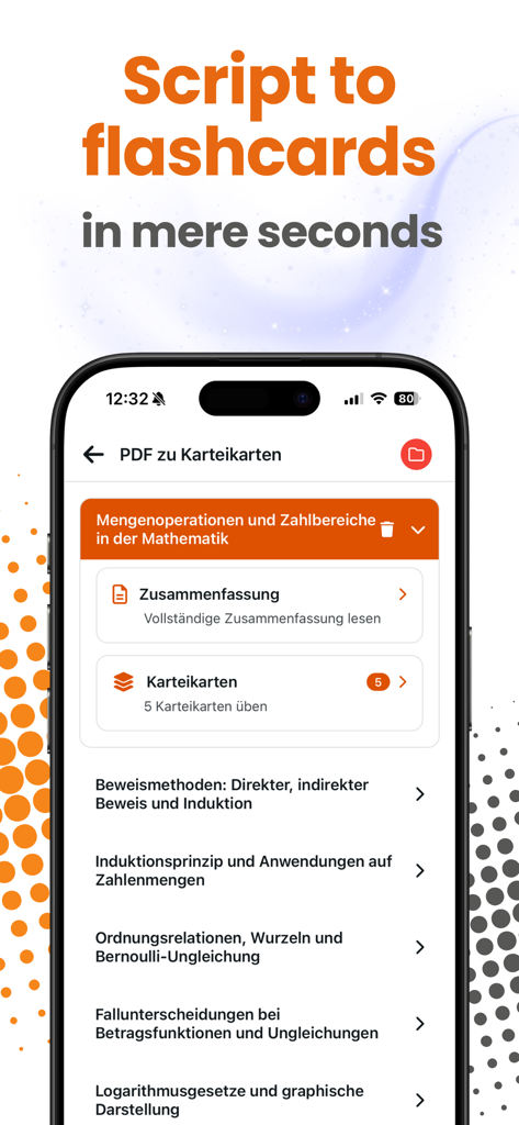 Studeez - iPhone showing Studeez app interface converting math scripts into summaries and flashcards
