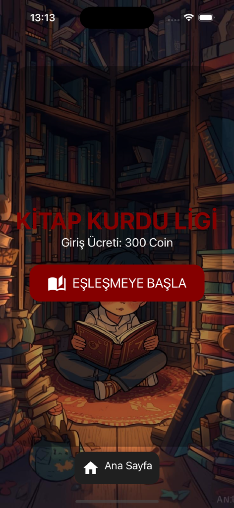 By Word - By Word mobile app screen for the Bookworm League matchmaking with a library illustration background