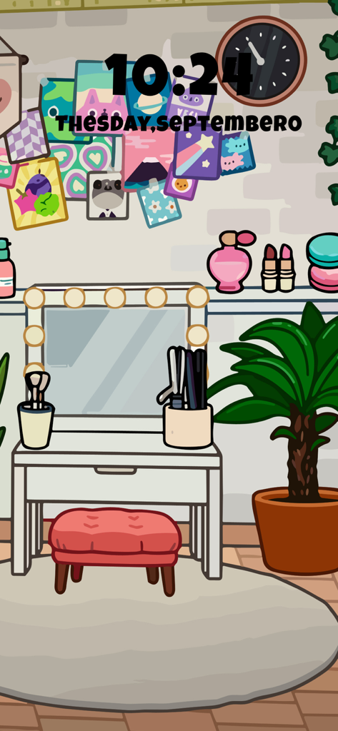Aesthetic 2D illustration of a modern room with a makeup vanity, mirror, and house plant in Toca Life style.