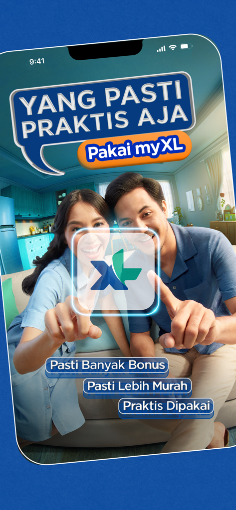 myXL–Cek Kuota & Beli Paket XL - Promotional screen for the myXL app featuring a smiling Indonesian couple and text highlighting the app features in Indonesian.