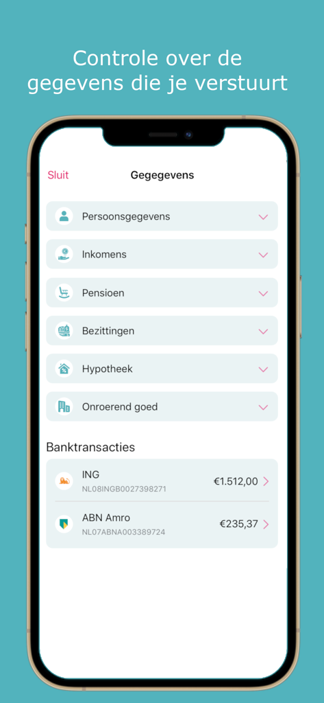 Ockto app screen displaying a list of financial data categories including income pensions and bank account balances