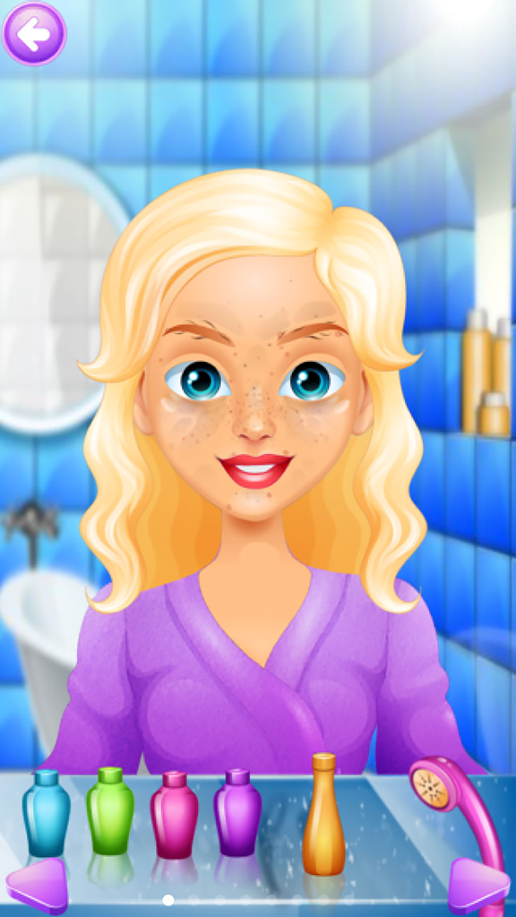 Baby & Mommy Story - Kids Games (Boys & Girls) - Blonde cartoon character in a purple robe during a spa and facial treatment scene