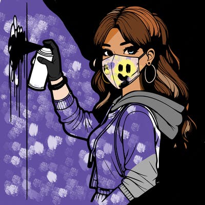realistic girl with mask spray painting a wall