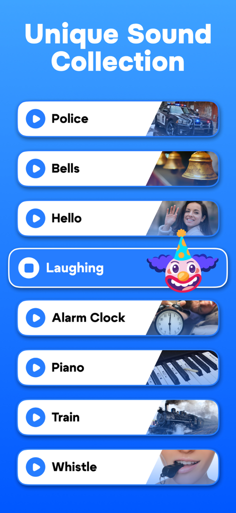 A menu showing different alarm sound options like police sirens bells laughing and more for the phone security app