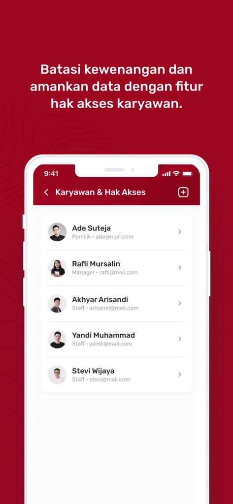 A mobile interface showing employee names and job titles for managing venue access rights