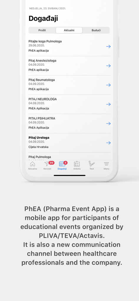 PhEA mobile app interface showing a list of medical education events and specialist sessions