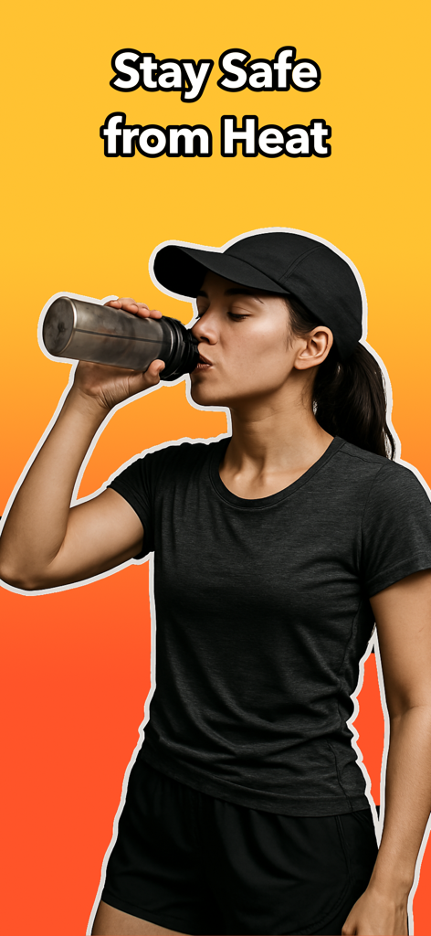 Heat Index & UV Tracker: Heats - A woman drinking water in athletic wear with the text Stay Safe from Heat