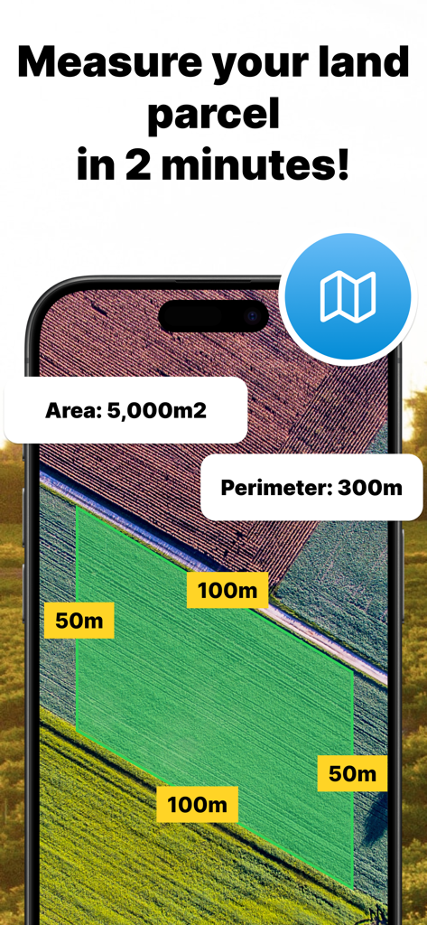 Field Area Measure - Field Area Measure app interface showing a land parcel measurement with area and perimeter results on a satellite map
