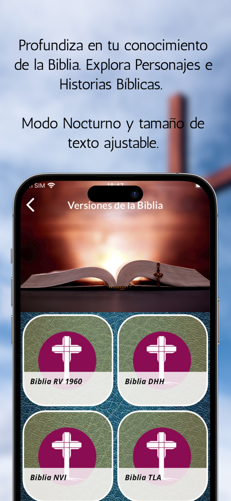 Biblia Chat IA GPT - Oberfläche der Biblia Chat IA App, die verschiedene spanische Bibelversionen wie Reina Valera und NVI zeigt
